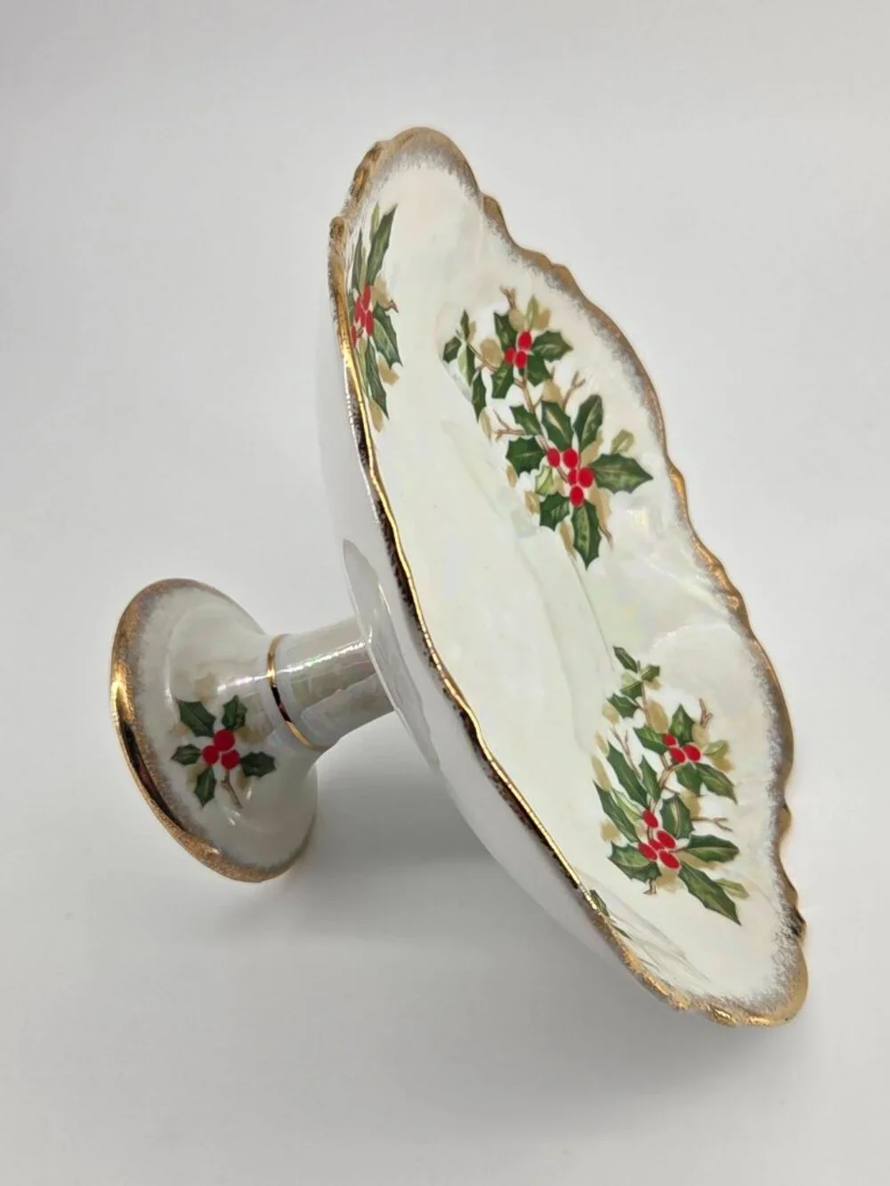VTG 1950s Ucagco Holly Berry Lusterware Iridescent Pedestal Dish 8